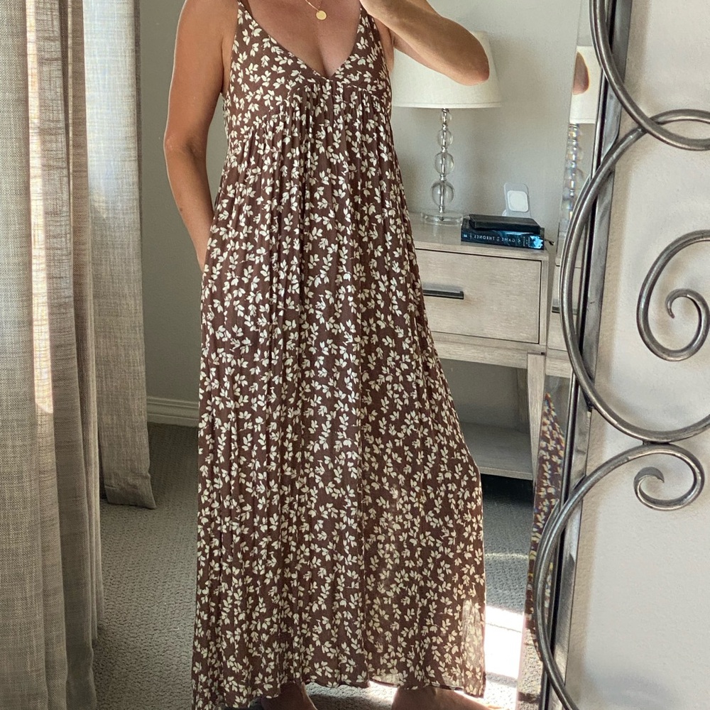 Brown Floral Maxi Dress with V-Neck